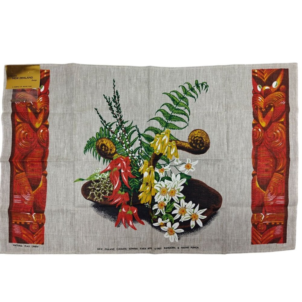 Vintage New Zealand Flax Linen Tea Towel With Native Flora & Maori Design NEW